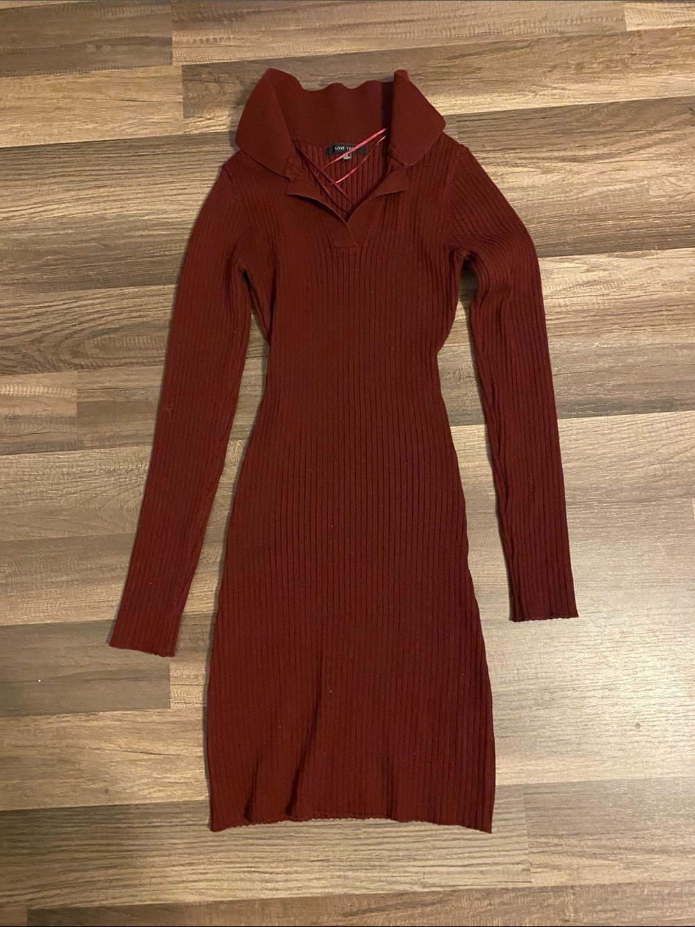 Love Tree Ribbed Long-Sleeve Sweater Dress in Deep Wine
